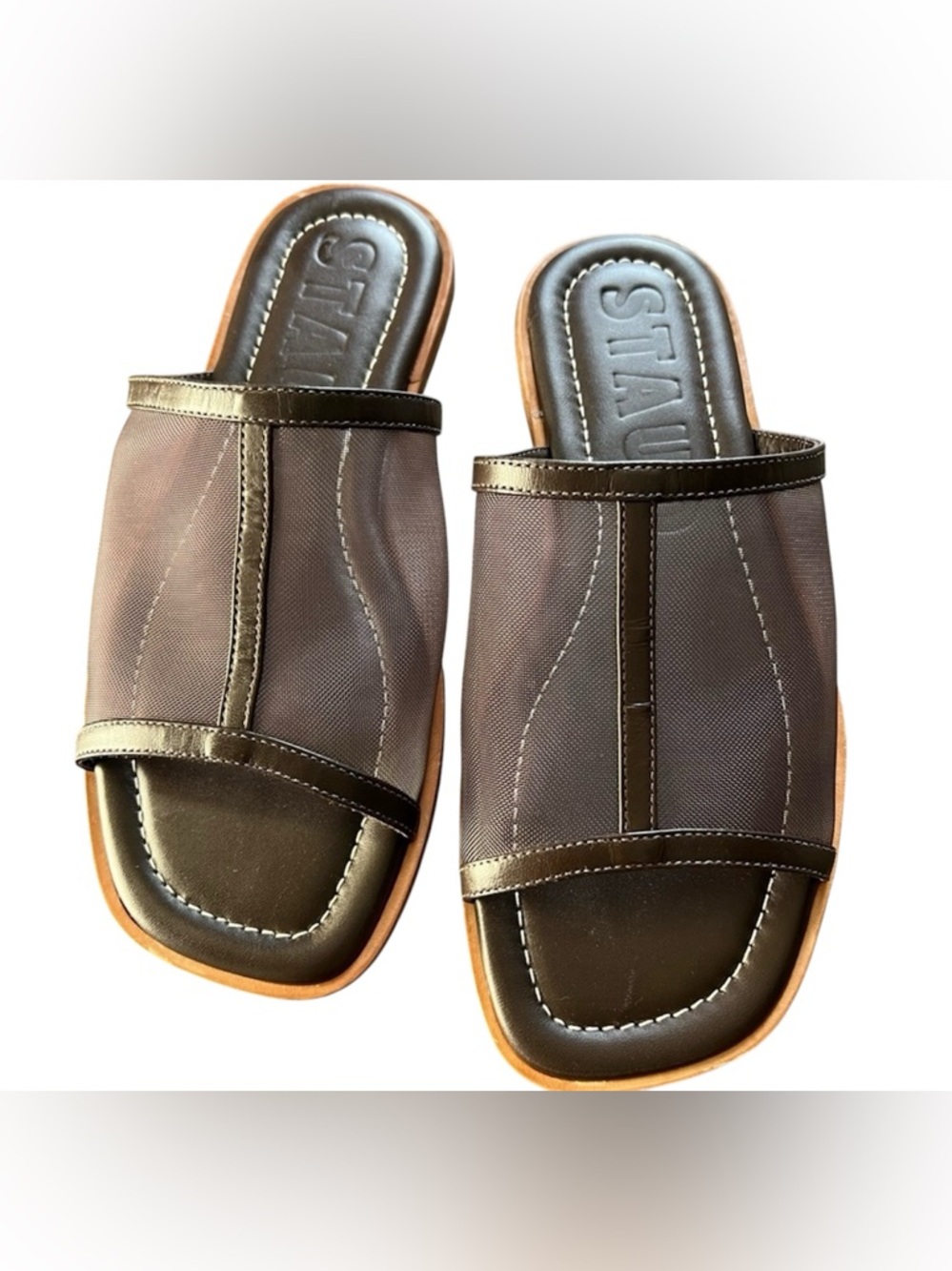 STAUD Brown and Tan Slide Sandals